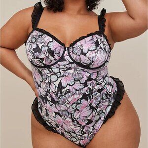 Torrid Black and Pink Satin Ruffle Floral Bodysuit Size 1